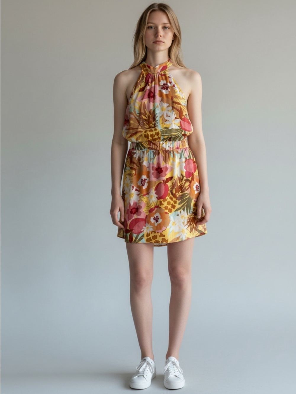 MINKPINK Tropical Floral Open Back Halter Dress Size Medium